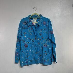 The Quacker Factory Blue Embroidered Beaded Boho Floral Jacket Sz L NWT